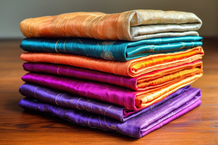 a stack of folded silk sarees in vibrant hues, created with generative aiの素材