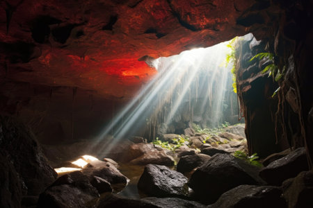 sunlight streaming through a lava tube skylight, created with generative aiの素材