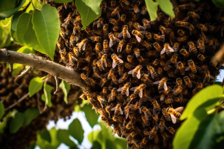 swarm of bees forming a cluster on a tree branch, created with generative aiの素材