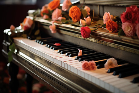 grand piano keys with flower decoration, created with generative aiの素材