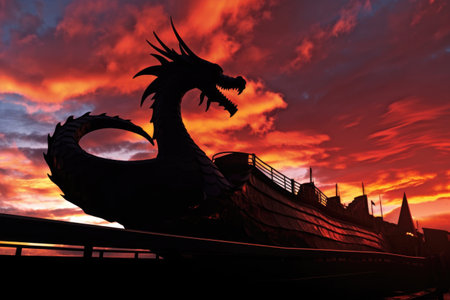 sunset silhouette of a viking ships dragon figurehead, created with generative aiの素材