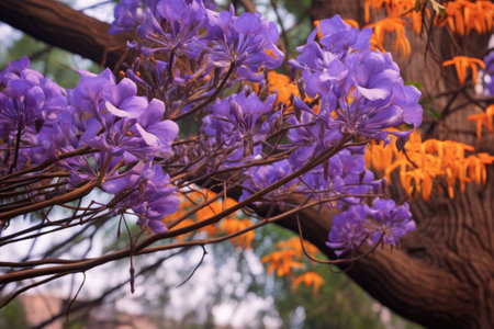 close-up of vibrant jacaranda flowers on branch, created with generative aiの素材