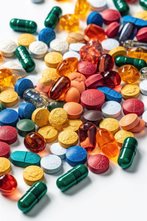 close-up of colorful pills and capsules on white background, created with generative aiの素材