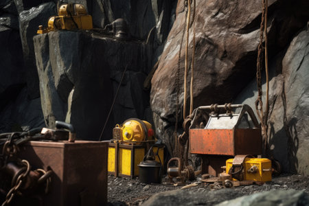 detailed shot of mining safety equipment against a rocky backdrop, created with generative aiの素材