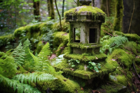 stone lantern among vibrant moss and ferns, created with generative aiの素材