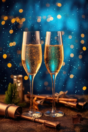 champagne glasses clinking with 2022 glitter in the background, created with generative aiの素材
