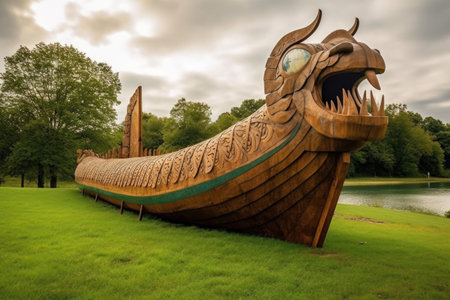restored viking ship displayed on a grassy field, created with generative aiの素材