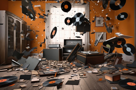 vinyl records falling like dominoes, created with generative aiの素材