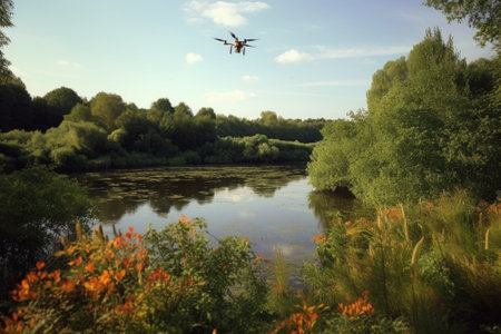 drone monitoring wildlife in a nature reserve, created with generative aiの素材