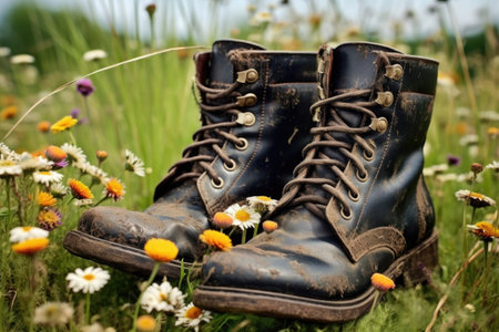 aged leather boots in a field of wildflowers, created with generative aiの素材