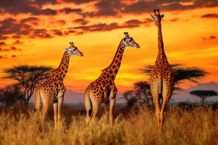 giraffes grazing with sunset in the background, created with generative aiの素材