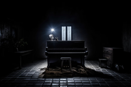 piano keys in a dark setting with a single spotlight, created with generative aiの素材