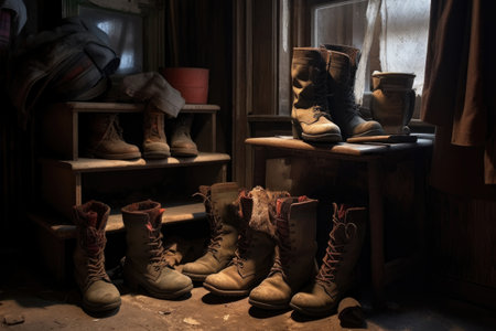 stacked worn-out boots in a cozy, dimly-lit corner, created with generative aiの素材