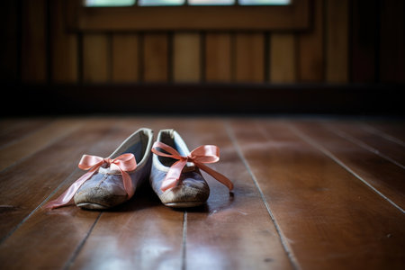 close-up of ballet shoes on wooden floor, created with generative aiの素材