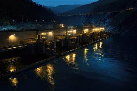 nighttime illumination of a hydroelectric dam, created with generative aiの素材