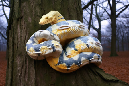 albino python wrapped around a tree trunk, created with generative aiの素材