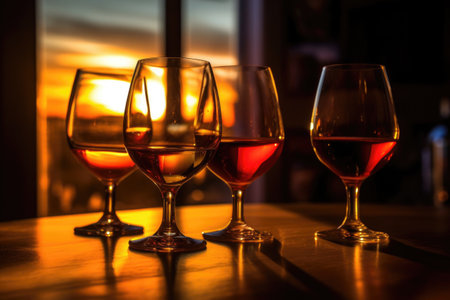 wine glasses backlit with a warm, glowing light, created with generative aiの素材