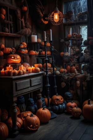 halloween pumpkins and spooky decorations in a dimly lit room, created with generative aiの素材