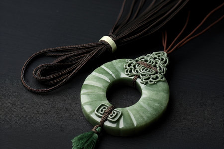 traditional chinese jade pendant on silk cloth, created with generative aiの素材