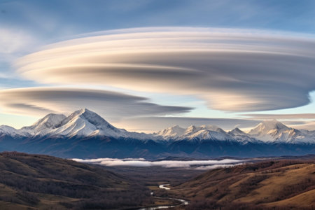 panoramic view of lenticular clouds creating a natural frame around mountains, created with generative aiの素材