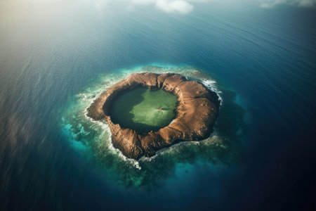 aerial shot of a smoking volcanic crater in the ocean, created with generative aiの素材
