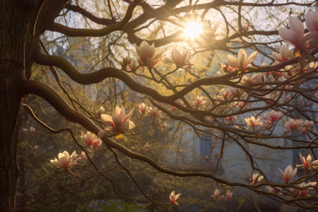 sunrays peeping through magnolia tree branches, created with generative aiの素材