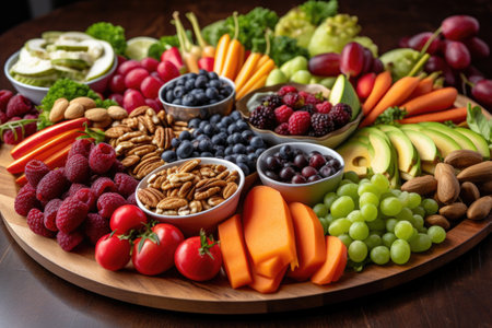platter of fresh fruits, vegetables, and nuts, created with generative aiの素材
