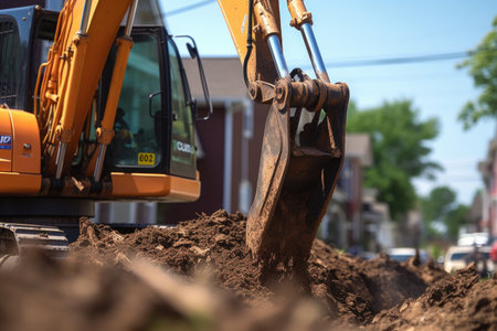 close-up of excavator bucket digging soil, created with generative aiの素材