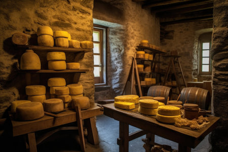 handcrafted cheese wheels aging in a cellar, created with generative aiの素材