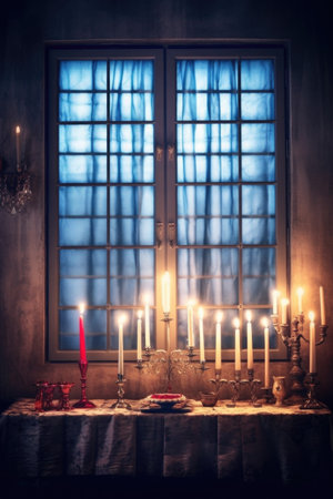 hanukkah menorah with lit candles by a window, created with generative aiの素材