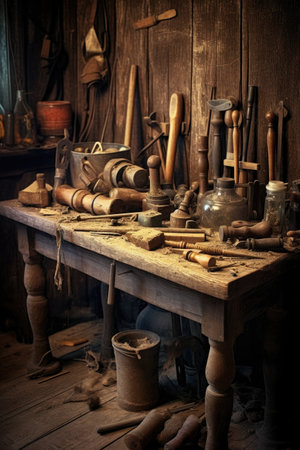 carpenters tools on wooden workbench, created with generative aiの素材