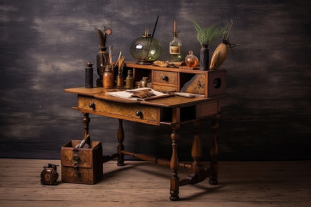 vintage wooden writing desk with quill and inkwell, created with generative aiの素材