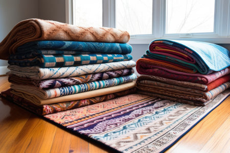 stack of rugs showcasing various patterns, created with generative aiの素材