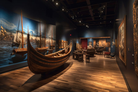 viking ship museum exhibit with dramatic lighting, created with generative aiの素材