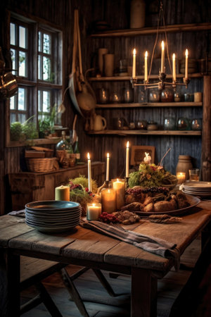 rustic wooden dining table with candles and decor, created with generative aiの素材