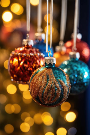 close-up of sparkling holiday ornaments, created with generative aiの素材