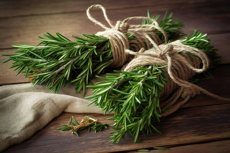 fresh rosemary sprigs tied with twine, created with generative aiの素材