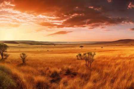 warm-toned panoramic view of vast african plains, created with generative aiの素材