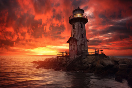 dramatic sunset behind a weathered lighthouse, created with generative aiの素材