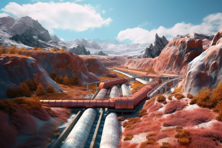 conveyor belts transporting extracted minerals in a remote landscape, created with generative aiの素材