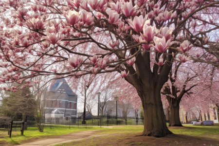 blooming magnolia tree in city park, created with generative aiの素材