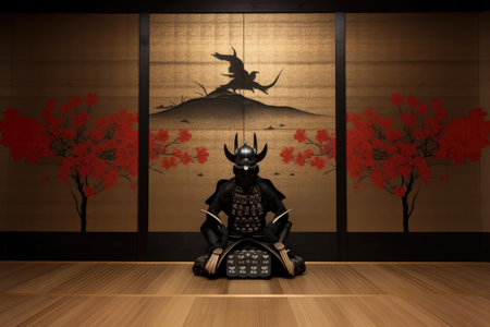 samurai armor with japanese calligraphy backdrop, created with generative aiの素材