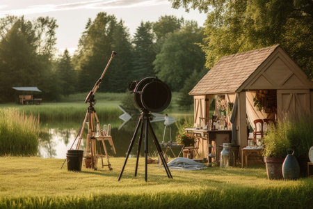 mobile telescope setup in a serene countryside setting, created with generative aiの素材