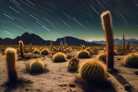 long exposure of desert cacti under a starry night sky, created with generative aiの素材