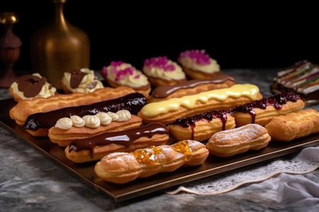 eclairs with various fillings lined up on a tray, created with generative aiの素材