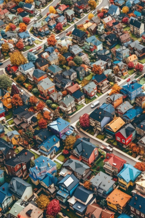 aerial view of suburban neighborhood with colorful rooftops, created with generative aiの素材