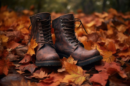 worn leather boots with autumn leaves scattered around, created with generative aiの素材