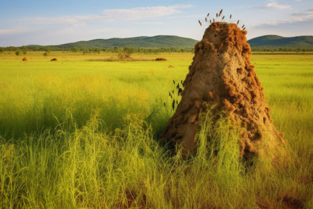 a termite mound surrounded by grass in the savanna, created with generative aiの素材