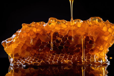 macro shot of honey dripping from honeycomb, created with generative aiの素材