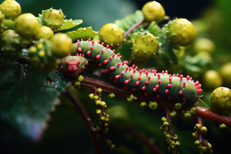 exotic caterpillar inching along a vibrant plant, created with generative aiの素材
